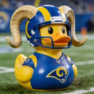 Yellow rubber duck wearing a blue and yellow football helmet with curved horns standing on a field surface!