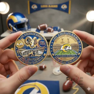 Hands holding two Los Angeles Rams anniversary coins with detailed engravings and team colors displayed clearly!