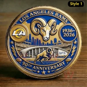 Los Angles Rams 90th Anniversary 1936-2026 Whose House Rams House Coin 4 A Los Angeles Rams anniversary coin with a ram symbol stadium background and blue gold color scheme!