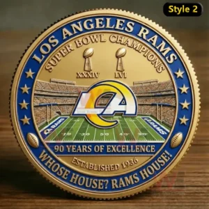 Los Angles Rams 90th Anniversary 1936-2026 Whose House Rams House Coin 5 A Los Angeles Rams anniversary coin featuring a football field motif and championship symbols in gold and blue tones!
