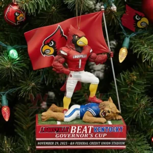Louisville cardinal mascot holding red flag standing over Kentucky wildcat on a Governors Cup themed Christmas ornament!