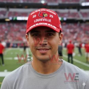 Man on a football field wearing a red Louisville Cardinals cap that says Boca Raton Bowl Champions 2025 with a cardinal logo and raised Cardinals text on the brim.