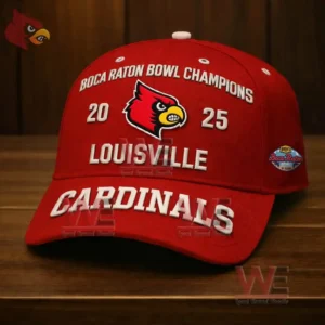 Louisville Cardinals 2025 Boca Raton Bowl Win Cap 3 Close up of a red Louisville Cardinals cap with Boca Raton Bowl Champions 2025 text cardinal logo Louisville lettering and large Cardinals embroidery on the brim.