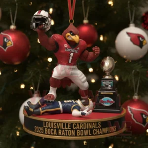 Red bird football mascot ornament displayed on a holiday tree celebrating a championship victory!