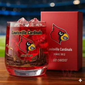A close view of a Louisville Cardinals whiskey glass filled with a red drink and ice displayed beside its red box with classic industrial skyline engraving!