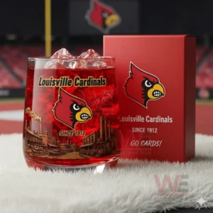 A detailed image of a Louisville Cardinals glass containing a red drink with ice displayed beside its branded red box in a football themed room!