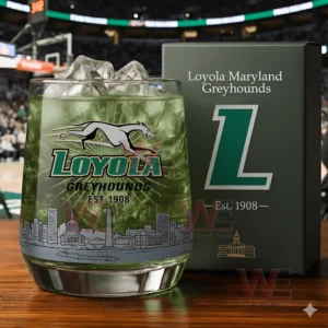 Loyola Maryland Greyhounds whiskey glass with ice and green drink next to a branded box inside a basketball arena!