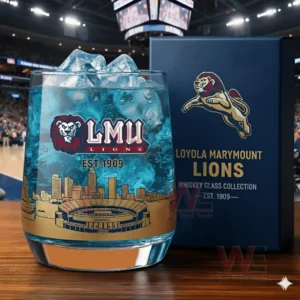 Loyola Marymount Lions branded glass with blue iced drink positioned courtside inside a basketball arena!