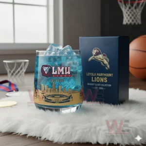 Loyola Marymount Lions glass with blue iced drink placed indoors with basketball decor and soft lighting!