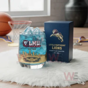 Loyola Marymount Lions glass with blue iced drink displayed in a bright indoor basketball themed room!