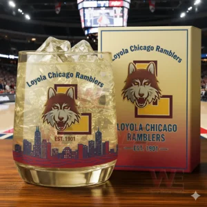 Loyola Chicago Ramblers branded glass with iced drink positioned courtside inside a basketball arena!