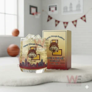 Loyola Chicago Ramblers glass with iced drink placed indoors with basketball decor and soft natural lighting!