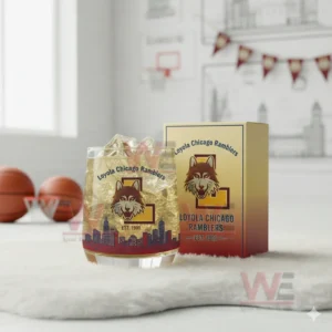 Loyola Chicago Ramblers glass with iced drink displayed in a bright indoor basketball themed room!