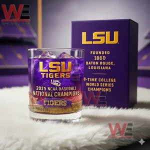 An LSU Tigers purple ice championship glass beside a purple box displaying school details and titles!