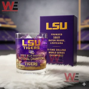 A purple LSU Tigers championship glass with ice beside a matching team box!