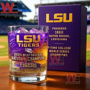 An LSU Tigers purple ice championship glass beside a purple box with a baseball stadium backdrop!