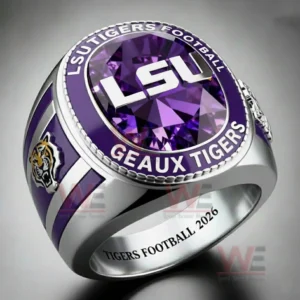 Minnesota Vikings fan ring with purple gemstone center silver band and viking inspired emblem representing strength heritage and football dedication!