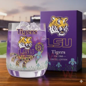 LSU Tigers purple glass with ice and decorative design standing next to a branded box!