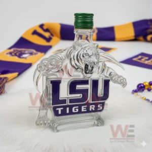 Clear tiger shaped whiskey bottle with purple gold scarf and team beads on white fur!