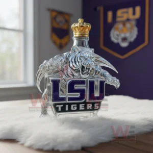 Lsu Tigers Logo Custom Whiskey Bottle 6 Tiger shaped whiskey bottle with gold crown and team banner background!