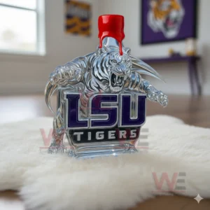Lsu Tigers Logo Custom Whiskey Bottle 7 Tiger mascot whiskey bottle with red cap on white fur in modern setting!