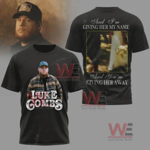 Black Luke Combs shirt with his portrait on the front and wedding lyric artwork on the back.