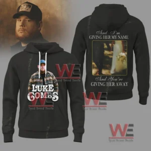 Black hoodie with Luke Combs portrait on the front and wedding lyric scene on the back.