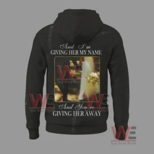 Back of black hoodie with framed wedding image and lyrical text.
