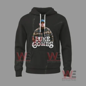 Black hoodie front with large Luke Combs portrait and name text.