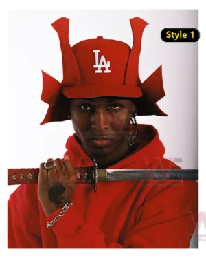 Model wearing a red samurai style hat and red outfit while holding a sword against a clean background!