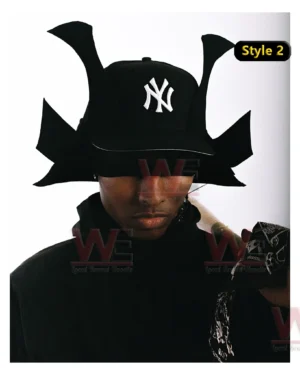 Magnetic Kabuto Attachments 17 Model wearing a black samurai style hat and black outfit posed in a minimal studio setting!