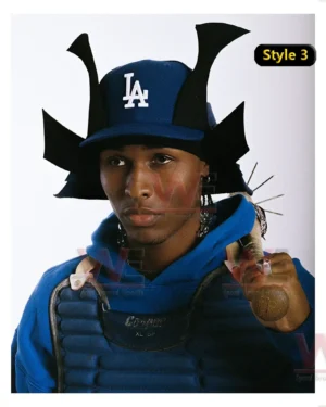 Magnetic Kabuto Attachments 18 Model wearing a blue samurai style hat and blue outfit with a confident pose!
