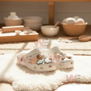 White mom themed clogs with baking and family charms on a soft rug in a cozy kitchen.