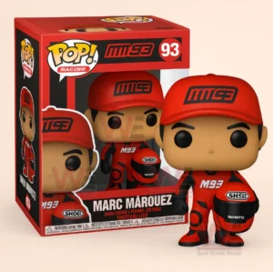 Red racing rider vinyl figure with red cap and number ninety three standing next to matching red retail box labeled Marc Marquez.