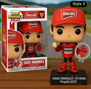 Red Ducati Lenovo rider vinyl figure holding a trophy beside a Ducati branded display box celebrating Marc Marquez ninety three wins.