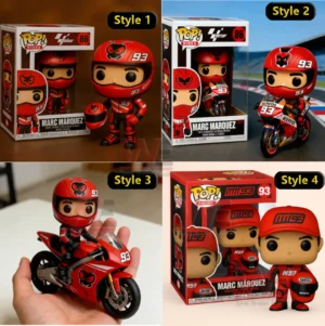 Collage of four Marc Marquez inspired racing rider vinyl figure styles including helmet versions and a motorcycle rides version with matching boxes.