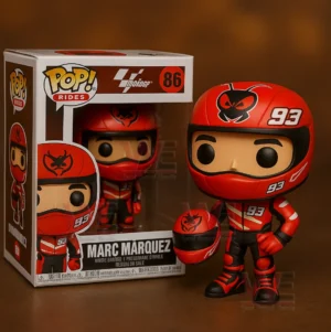 Red helmeted racing rider vinyl figure with number ninety three standing beside a windowed retail box labeled Marc Marquez.