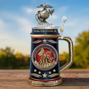 Marine Corps 250th Anniversary Porcelain Beer Stein 6 Marine corps porcelain stein with eagle globe and anchor lid shown on a table in an outdoor setting!