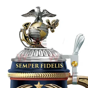 Marine Corps 250th Anniversary Porcelain Beer Stein 7 Close up of a marine corps stein lid with eagle globe and anchor emblem and ornate metal accents!