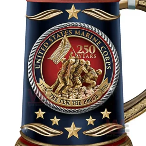 Marine Corps 250th Anniversary Porcelain Beer Stein 8 Close up of the marine corps emblem on a porcelain stein with sculpted figures and star decorations!