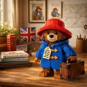Brick bear figure with red hat blue coat and suitcase displayed on a wooden desk with books and framed art behind!