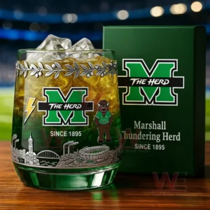 Marshall Thundering Herd branded glass with iced drink positioned inside a football stadium setting!