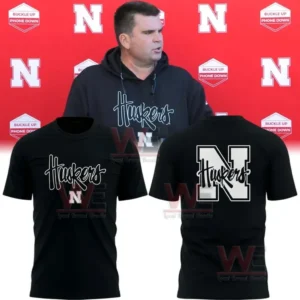 Man wearing a black Husker hoodie above product mockups of a black t shirt showing the front Husker script and back large N graphic!