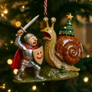 A playful ornament of a knight facing a giant snail decorated with a small Christmas tree on its shell!