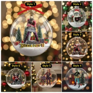 The image displays multiple Megadeth themed ornaments arranged in various styles featuring characters inside transparent globes filled with snow and festive decorations. `