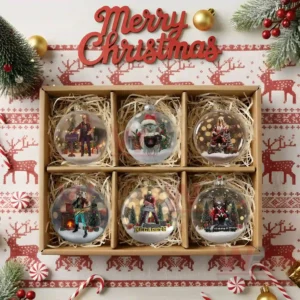 The image displays a collection of six Megadeth themed glass ornaments arranged neatly in a holiday gift box.