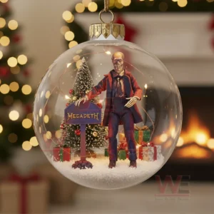 The image displays a Megadeth themed ornament showing a skeletal character in a winter scene beside a decorated tree and wrapped gifts.