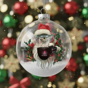 The image displays a Megadeth themed Santa styled character inside a snowy glass ornament decorated with holiday greenery.