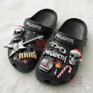 Megadeth Band Crocs Clogs With Charms 5 Megadeth decorated black clogs placed on a white fluffy surface with guitar and skull charms!