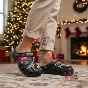 Megadeth Band Crocs Clogs With Charms 7 Megadeth decorated clogs worn in a holiday themed room with a Christmas tree and festive decor!